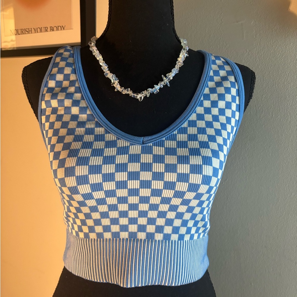 Blue Checkered Sleeveless Top